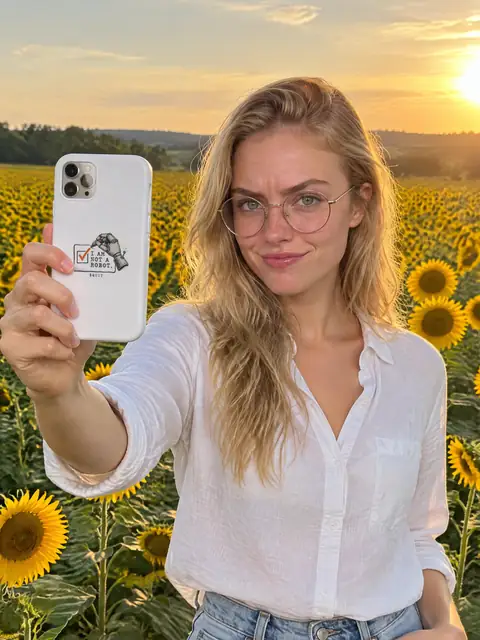 Destiny wearing the Not a Robot Phone Case