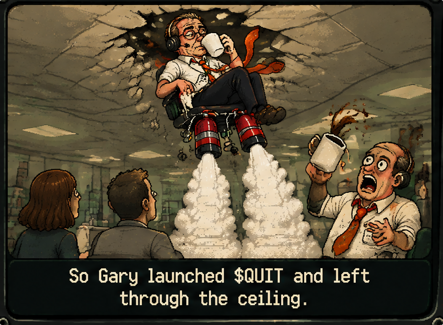Gary rises through the office ceiling on his chair, two fire extinguishers firing underneath, while Dale spills his coffee. The caption reads: So Gary launched $QUIT and left through the ceiling.